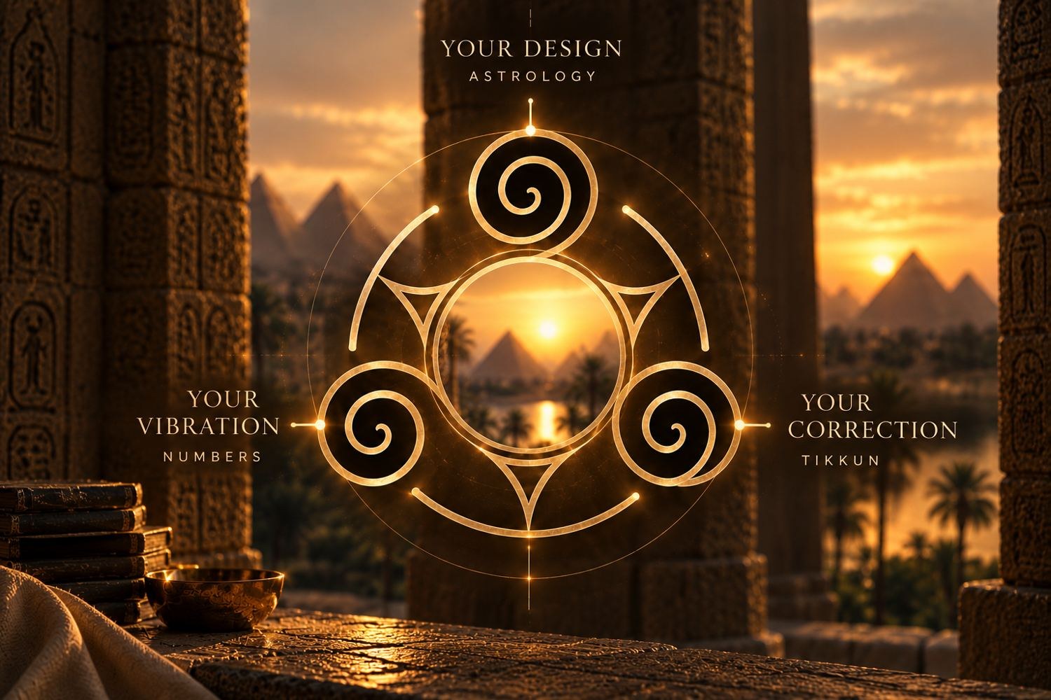 The SZINN mark in gold above the Nile at sunset, with Astrology (your design), Numbers (your vibration) and Tikkun (your correction) around it